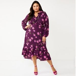 Draper James RSVP Womens Long Sleeve Ruffle Plum Floral Midi Dress Size 1X